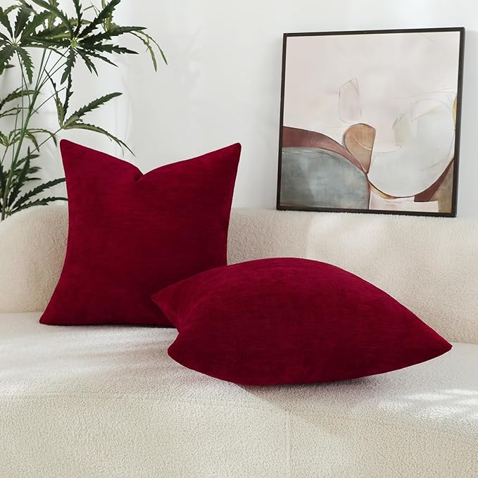 Santa Red Chenille Decorative Couch Throw Pillow Covers, Soft Cushion Cases for Home Livingroom Sofa Décor, Pack of 2, 18 x 18 Inches
