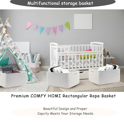 COMFY-HOMI 2 pcs Large Storage Baskets for Shelves, Laundry Basket, Woven Rope Basket, Closet Organizer Bins for Clothes Blanket Towels, Baby Nursery, Gift Toy Baskets, 17” x 13” x 7.5”-White