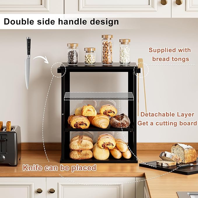 WOWLIVE Black Bread Box for Kitchen Countertop, Large 3 Layers Bread Storage Container for Homemade Bread with Window, Farmhouse Breadbox Organizer for Kitchen, Cabinet, Pantry (Black, Extra Large)