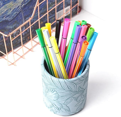 PU Leather Pen Holder Round Flash Makeup Brush Holder Desktop Pencil Storage Holder Gift for Desk Office Classroom Home(1-Carved Blue)