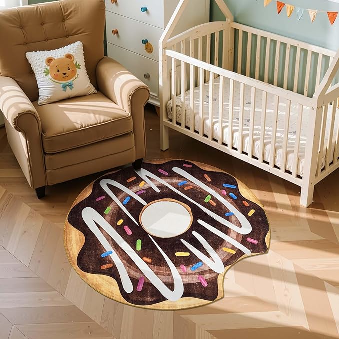 jinchan Cute Round Rug 3ft Chocolate Donut Fun Rug Washable Playroom Mat Sweet Dessert Circle Cool Rug Non Slip 3' Round Soft Cozy Doormat Small Funky Gift for Kids Toddler Nursery Teens Dorm Bedroom
