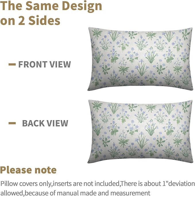 Sage Green Blue Block Print Pillow Covers 12x20 Set of 2 Decorations Vintage Floral Throw Pillow Covers Decor Cozy Soft Rustic Pillowcases Farmhouse Flower Printed for Sofa Bed Home Decorative