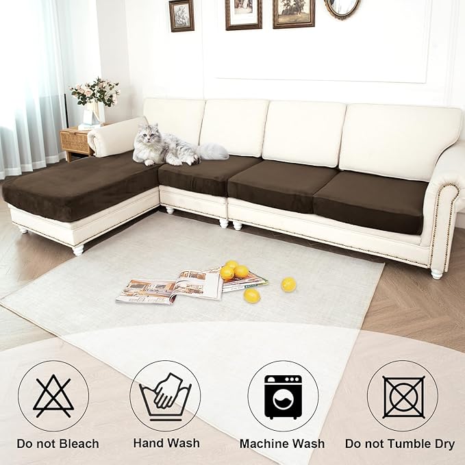 NAISI Waterproof Couch Cushion Covers Thick Velvet Fabric Washable Sofa Slipcovers Sectional Couch Covers for 4 Pieces Separate L Shape Couch Cover with Elastic Bottom(3 Seater + 1 Chaise, Caramel)