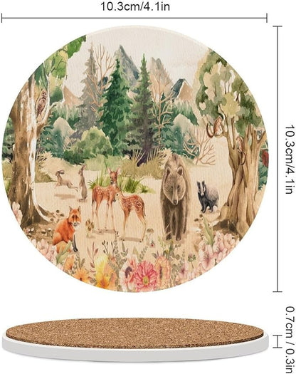 Round-6PCS Forest Ceramic Coasters,Absorbent Drink Coasters, Retro Mountain Forest Nature Tree Woodland Flower Animal Bear, Deer Ceramic Table Coasters for Coffee, Beverage, Wine, Beer Coasters