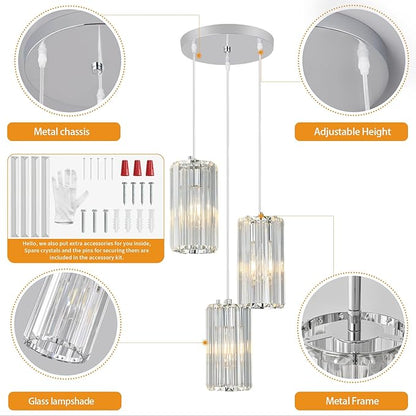 Chrome Pendant Lighting Modern Pendant Light, Mini Crystal Chandeliers,Adjustable Pendant Light Fixture for Kitchen Island Dinning Room Corridor Bedroom(Chrome 3-Light)