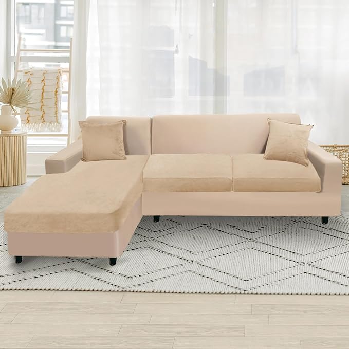 NAISI Sectional Couch Cover 3 Pieces Velvet Separate Couch Cushion Covers L Shape Soft Stretch Sofa Slipcovers with 2pcs Pillowcases for Left/Right Chaise Sectional Couch(2 Seater+1 Chaise,Camel)