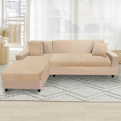 NAISI Sectional Couch Cover 3 Pieces Velvet Separate Couch Cushion Covers L Shape Soft Stretch Sofa Slipcovers with 2pcs Pillowcases for Left/Right Chaise Sectional Couch(2 Seater+1 Chaise,Camel)