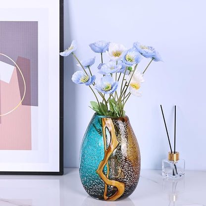 Teal Glass Vase,Hand Blown Green Glass Flower Vases Bulk,Murano Glass Vases,Unique Table Glass Decor, Flowers with Vase Decorative,Teal Vase Decor,for Bookshelf,Living Room,Office,Gift (S)