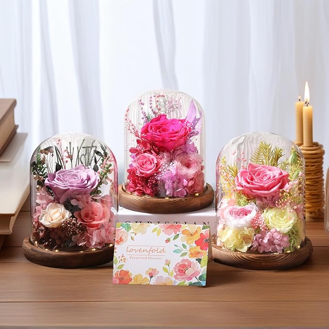 LOVENFOLD Flowers for Delivery Preserved Flowers lilac Roses with LED Light in a Glass Dome,Long Lasting Forever Flowers Birthday Gifts for Women Daughter Mom Wife Friend（lilac Rose）