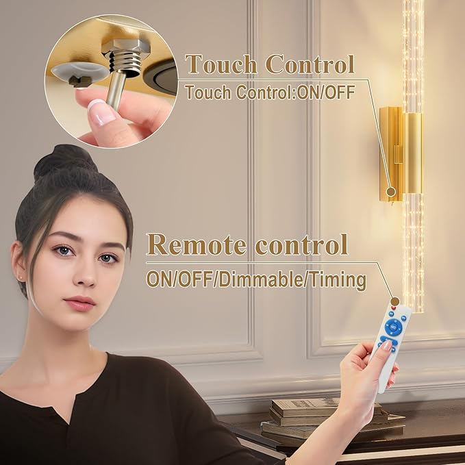 camuucci Battery Operated Gold Wall Sconces Set of 2 Rechargeable Battery Powered Wall Light with 20000mAh Not Hardwired Dimmable Wall Lamp Fixtures for Bedroom Living Room 25.6 Inches
