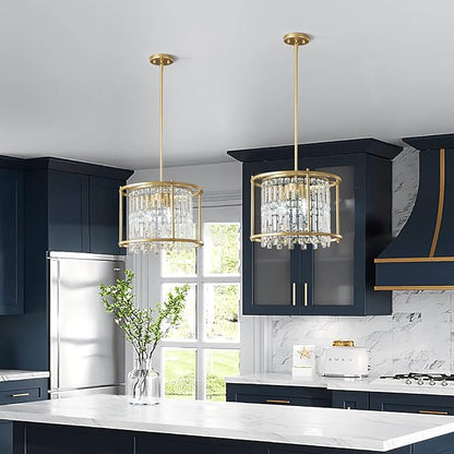 LMQNINE Modern Foyer Chandelier, Gold Crystal Chandelier Entryway Pendant Light Fixture, Round Adjustable Height Chandeliers for Kitchen Island, L15.74'' x H10.43''