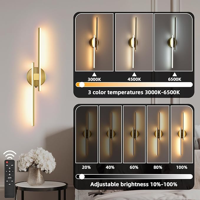 Battery Operated Wall Sconce Set of 2,Gold 23.6" 3000K-6500K LED Dimmable Wall Sconces with Remote Control,Wireless Wall Light USB Rechargeable for Bedroom Hallway Living Room Background Wall Lighting