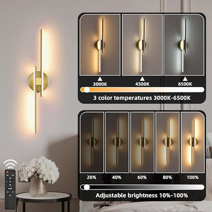 Battery Operated Wall Sconce Set of 2,Gold 23.6" 3000K-6500K LED Dimmable Wall Sconces with Remote Control,Wireless Wall Light USB Rechargeable for Bedroom Hallway Living Room Background Wall Lighting