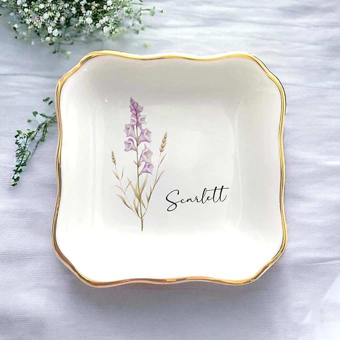 Personalized Birth Flower Ring Dish, Custom Floral Name Jewelry Dish, Trinket Tray for Women Bridesmaid Friends Sisters Siblings Bestie Gift for Birthday, Wedding, Engagement