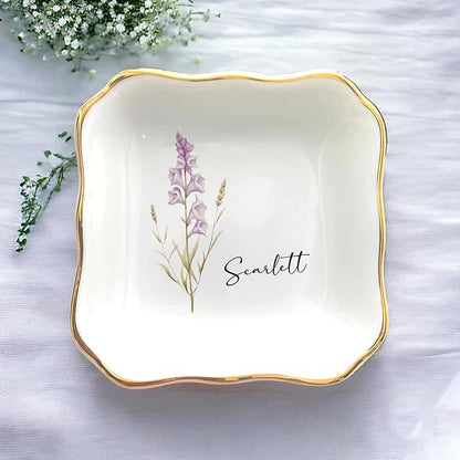 Personalized Birth Flower Ring Dish, Custom Floral Name Jewelry Dish, Trinket Tray for Women Bridesmaid Friends Sisters Siblings Bestie Gift for Birthday, Wedding, Engagement