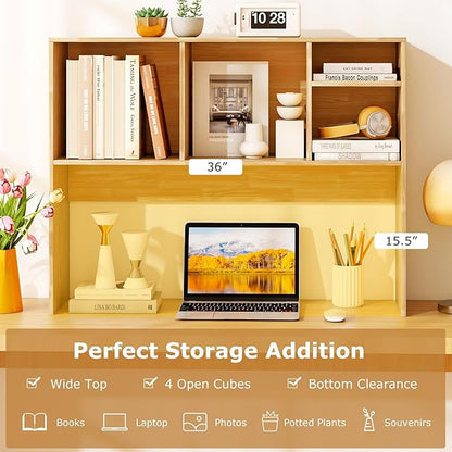GOFLAME 4 Cubes Desktop Bookshelf, 37” Tabletop Wood Desk Shelf for Computer Monitor, Modern Countertop Desk Display Hutch Storage Organizer Shelf for Home Office, Dorm, Study (Burlywood)