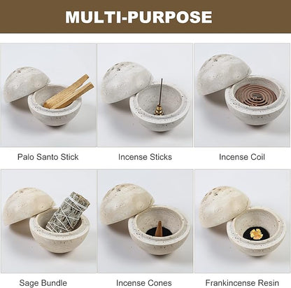 Natural Travertine Round Incense Cone Holder, Minimalist Sphere Incense Burner for Cones, Home Decorations 3.94in (Gray)