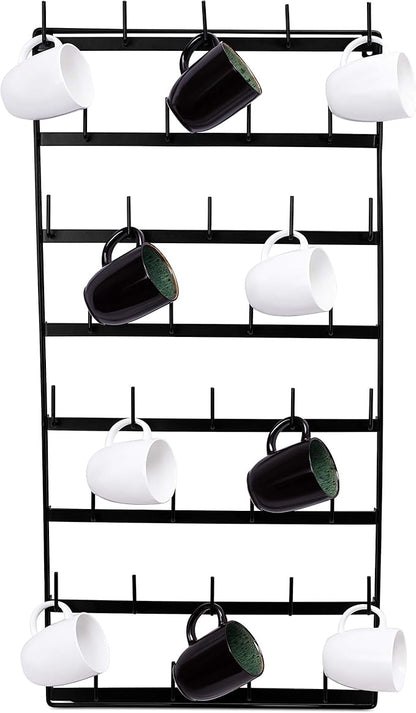 BIRDROCK HOME 36 Peg Coffee Mug Organizer Wall - 8 Tier Wall Mounted Coffee Mug Holder - Tea Cup Display Shelf Wall Mounted - Heavy Duty Decorative Kitchen Bar Organizer Flat Metal Steel Rack - Black