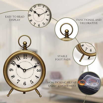 Vintage Table Clock on Stand, Decorative Desk and Shelf Clock Rustic Mantel Clock Non-Ticking, Metal Frame with Antique Gold Finish