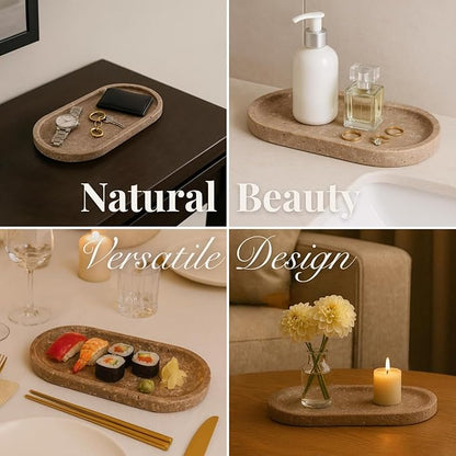 Handcrafted Travertine Tray – Bathroom Counter Organizer, Jewelry Tray, Perfume Organizer & Decorative Tray for Vanity Accessories, Coffee Table Decor & Bathroom Countertop (Oval, Noce)