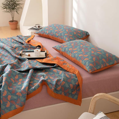 100% Cotton Muslin Blanket Jacquard Floral Ginkgo Leaves Print Quilt, Soft Bed Cover 3 Layers Reversible Bedspread Coverlet Breathable Lightweight Bedding Twin(59"x94"), No Pillow Sham