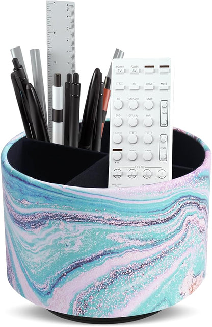 Round Leather Art Supply Organizer,Remote Control Holder,360-degree Rotating Pen Organizer with 4 Compartments(1-Pink Green Splash Ink)
