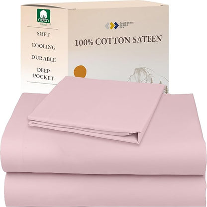 California Design Den Twin Sheet Set - Natural 100% Cotton Bed Sheets with Deep Pockets, Soft Sateen Weave, Breathable and Durable Bedding Set for Dorm Rooms, College (Pink)