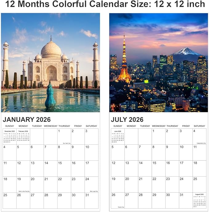 Calendar 2026 from January 2026 - December 2026, 12" x 24" Opened 12 Months Calendar, Full Page Months Thick & Sturdy Paper for Gift Perfect Calendar Organizing & Planning, Global Architecture