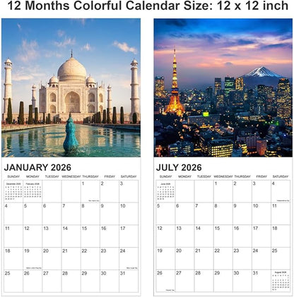 Calendar 2026 from January 2026 - December 2026, 12" x 24" Opened 12 Months Calendar, Full Page Months Thick & Sturdy Paper for Gift Perfect Calendar Organizing & Planning, Global Architecture