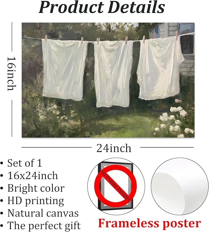 Farmhouse Laundry Picture Vintage Garden Painting Clothesline Canvas Art Cozy Cottage Prints Spring Landscape Artwork Laundry Day Poster Victorian Farmhouse Wall Art for Living Room 16x24in No Frame