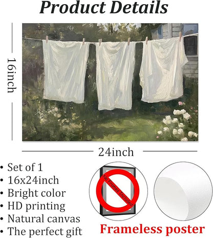 Farmhouse Laundry Picture Vintage Garden Painting Clothesline Canvas Art Cozy Cottage Prints Spring Landscape Artwork Laundry Day Poster Victorian Farmhouse Wall Art for Living Room 16x24in No Frame