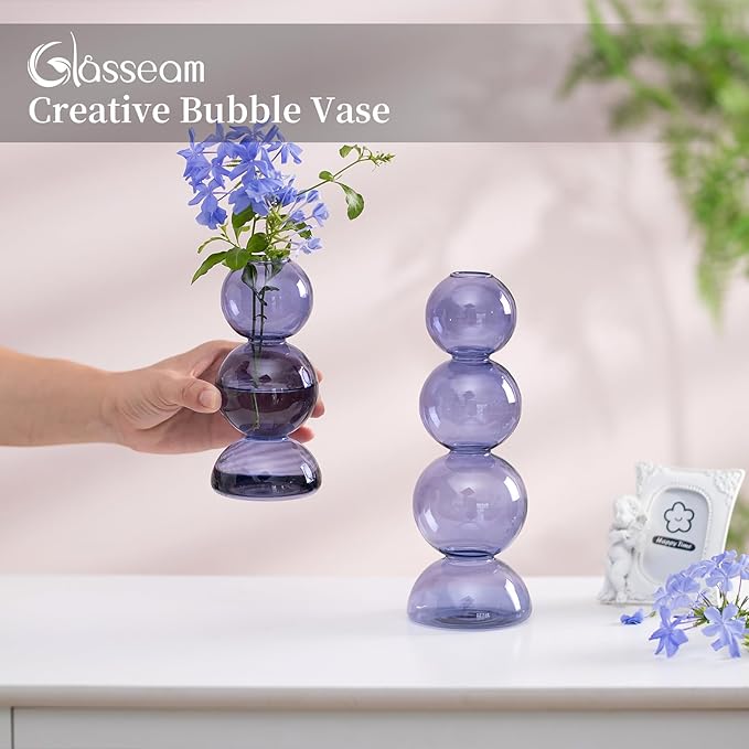 Glasseam Bubble Glass Vase Set of 2, Light Blue, Aesthetic Decorative Vases for Home Decor, Centerpieces, Round Bud Vases for Dining Table Decorations
