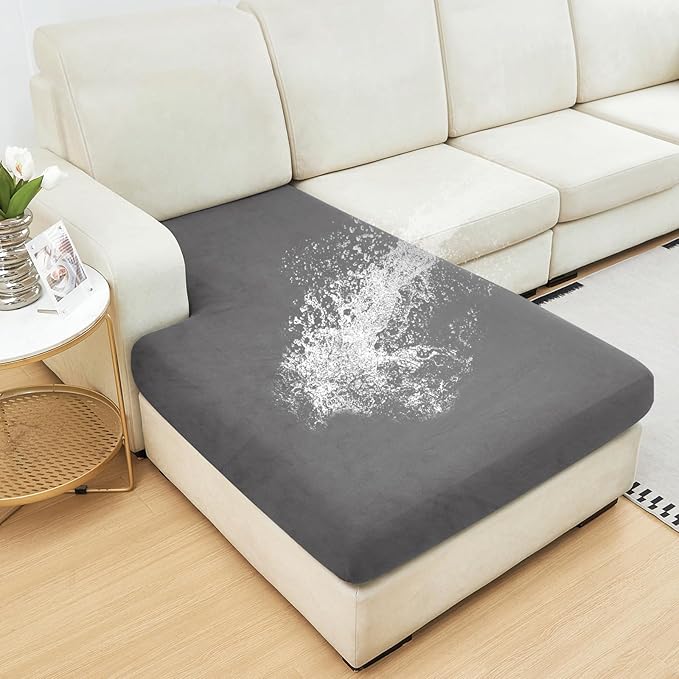 NAISI Waterproof Couch Cushion Covers Thick Velvet Fabric Washable Sofa Slipcovers 1 Piece Individual Sectional Couch Covers with Elastic Bottom(1 PC for Chaise Lounge,Grey)