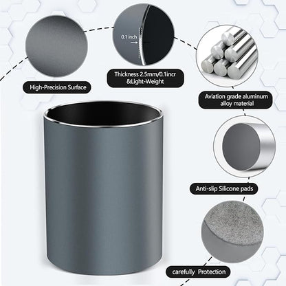 RQB Metal Pen Holder for Desk Round Aluminum Desktop Organizer and Makeup Brush Holder Storage Box for Office, School, Home, and Kids, Non-slip silicone bottom3.9×3.14inch (Grey)