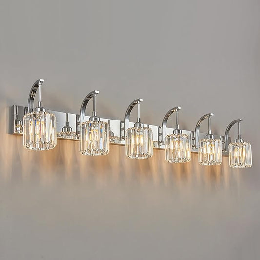 6-Light Crystal Vanity Light, Chrome Modern Wall Sconce with K9 Crystal Shades, 51.18" Long Over Mirror Lighting for Bathroom, Makeup, Hallway, Elegant & Easy Install