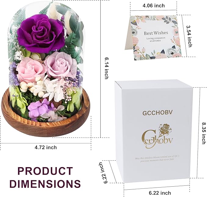Preserved Flowers in Glass Dome, Forever Flower, Eternal Flowers, Birthday Gifts for Women, Gifts for Mom Girlfriend Her Friendship, Home Decor Living Room Bedroom (Mauve)