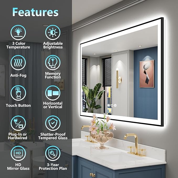 50x32 Inch Black Framed LED Bathroom Mirror with Lights, Backlit & Front Lit, Anti-Fog Lighted Vanity Mirrors for Bathroom Wall, Dimmable, 3-Color Light, Memory, Shatter-Proof, Tempered Glass