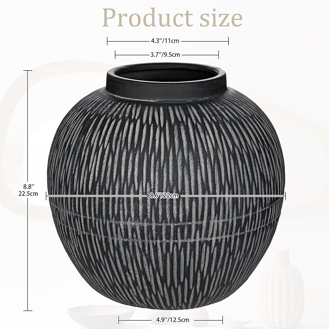 9" Large Ceramic Vase with Wide Mouth, Rustic Vase for Entryway, Living Room & Abundant Blooms Decor, Big & Round Design, Chunky & Dark Gray