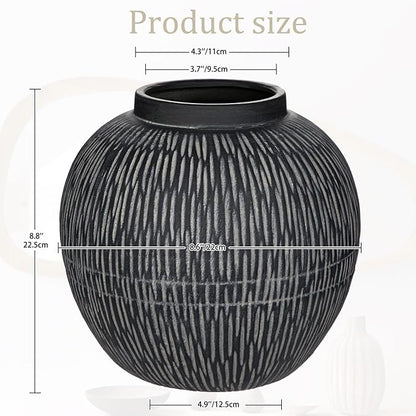9" Large Ceramic Vase with Wide Mouth, Rustic Vase for Entryway, Living Room & Abundant Blooms Decor, Big & Round Design, Chunky & Dark Gray