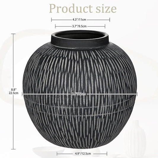 9" Large Ceramic Vase with Wide Mouth, Rustic Vase for Entryway, Living Room & Abundant Blooms Decor, Big & Round Design, Chunky & Dark Gray