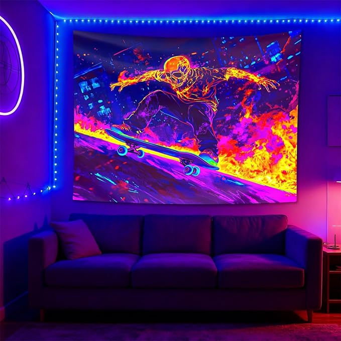 seewan Black Light Skull Tapestry, Glow-in-the-Dark UV Neon Street Art & Graffiti Wall Hanging, Cool Psychedelic Skull Skater Poster Tale, Bedroom Dorm Living Room Background Decor