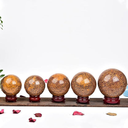JIC Gem Real Natural Large Crystal Sphere Ball with Wooden Stand for Fengshui Golden Jade Healing Crystal Ball Decoation Meditation Energy Reiki Ball (100-110mm), 4-4.5inch