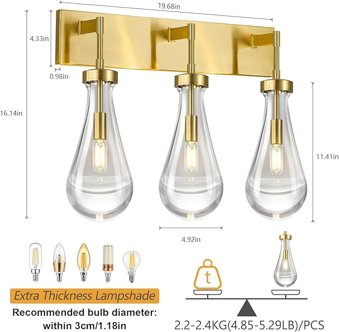 Raindrop Wall Sconces Gold Crystal Sconces Wall Decor Modern Lighting Glass Bathroom Sconces Indoor Vanity Light Wall Lamp for Bedroom Living Room Stair(3-Light)