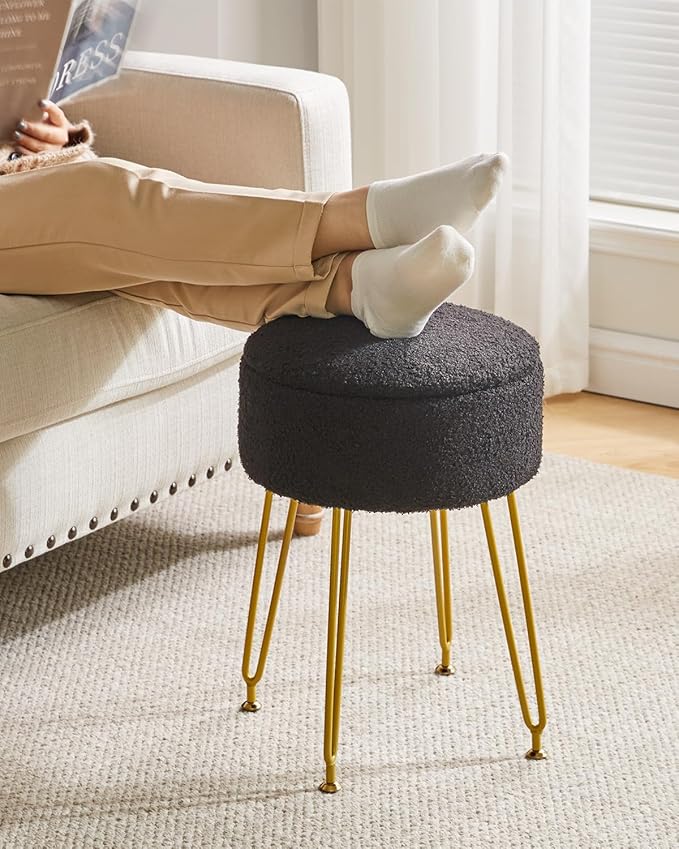 IBUYKE Teddy Velvet Storage Footrest Stool Ottoman, Makeup Vanity Stool Side Table with Removable Cover, Golden Steel Legs, Coffee Table Top Cover, Black WBD010B