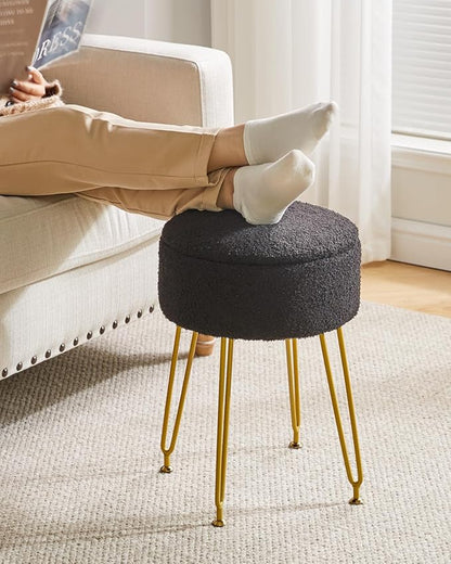 IBUYKE Teddy Velvet Storage Footrest Stool Ottoman, Makeup Vanity Stool Side Table with Removable Cover, Golden Steel Legs, Coffee Table Top Cover, Black WBD010B