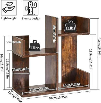 Book Display Shelf Small Desk Organizer, Desk Top Storage Organizer, Cookbook Storage Kitchen Counter Shelf, Tabletop Plant Shelf Stand Rustic Brown YD-DSR002H