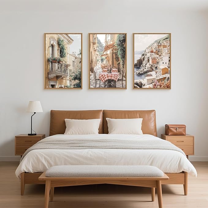 HLNIUC Vintage Italy Street Wall Art Set of 3, the Mediterranean Italian Countryside Wall Decor(24x36), Modern Cityscape Coastal Town Nature Scenery Canvas Painting for Living Room, Bedroom, Office