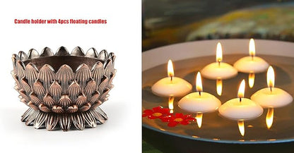 Lotus Flower Votive Tealight Candle Holder,Copper Buddhist Candlestick Holder,Tibetan Buddhist Water Offering Cup,Oil Lamp Holder for Meditation Buddha Altar with 4PCS Floating Canldes (Red)