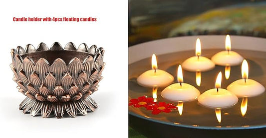 Lotus Flower Votive Tealight Candle Holder,Copper Buddhist Candlestick Holder,Tibetan Buddhist Water Offering Cup,Oil Lamp Holder for Meditation Buddha Altar with 4PCS Floating Canldes (Red)