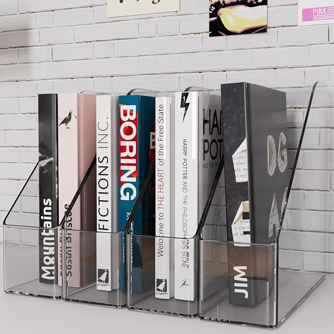 Magazine Holder, Clear Plastic Vertical File Magazine Organizer, Desktop File Magazine Book Storage Shelf for Office Desk(4PCS)